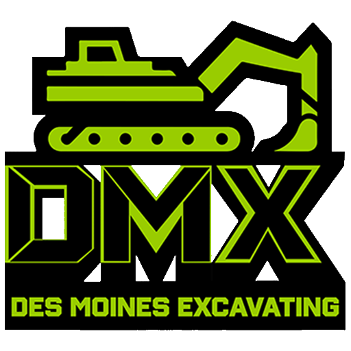 Logo for Des Moines Excavating featuring a green and black outline of an excavator above the bold letters “DMX,” with “Des Moines Excavating” written below in green text.