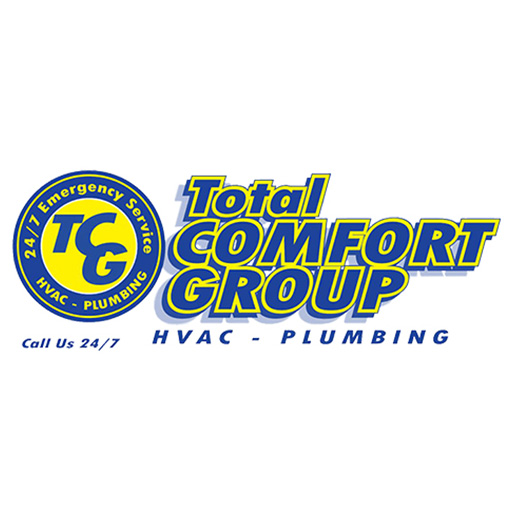 Logo for Total Comfort Group, featuring a blue and yellow color scheme, a circular emblem with “24/7 Emergency Service HVAC - Plumbing,” and the company name in bold yellow and blue text. The slogan “Call Us 24/7” appears below.