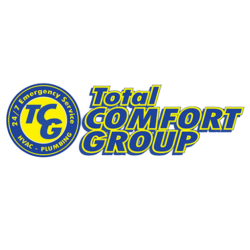 Logo for Total Comfort Group. The text includes "24/7 Emergency Service HVAC - Plumbing" in a blue circle with yellow letters "TCG," next to "Total Comfort Group" in bold yellow and blue letters.