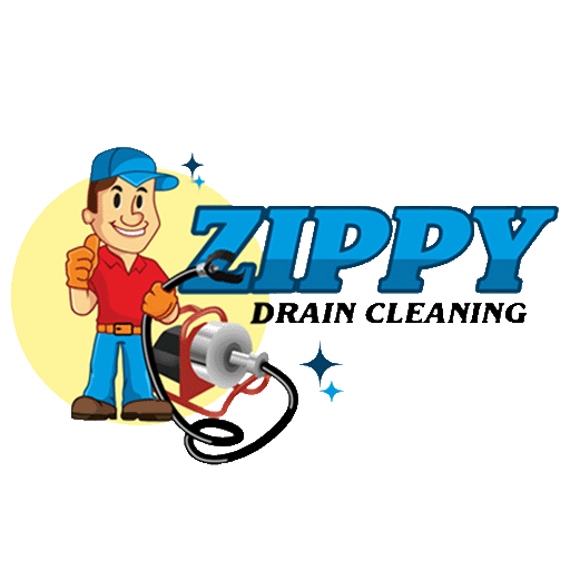 Cartoon plumber in a red shirt and blue cap stands smiling next to a drain cleaning machine. The text reads "Zippy Drain Cleaning" with sparkling effects around the letters.