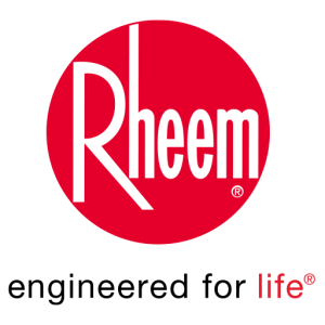 Rheem logo with "Rheem" in white text inside a red circle, and the words "engineered for life" in black and red text below the circle on a light gray background.