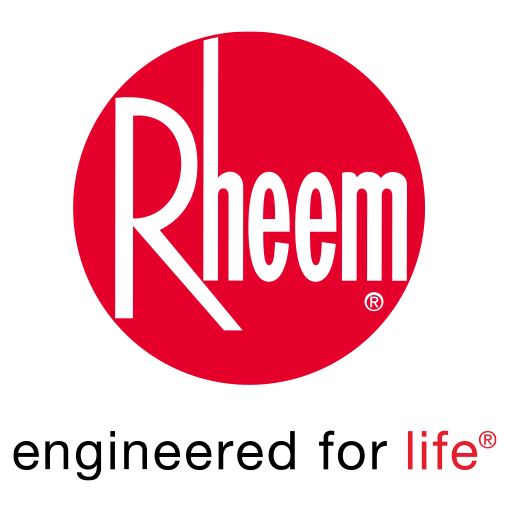 Rheem logo with "Rheem" in white text inside a red circle, and the words "engineered for life" in black and red text below the circle on a light gray background.