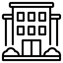 Simple black and white line drawing of a building with four windows, a central entrance, two side columns, and two bushes in front.