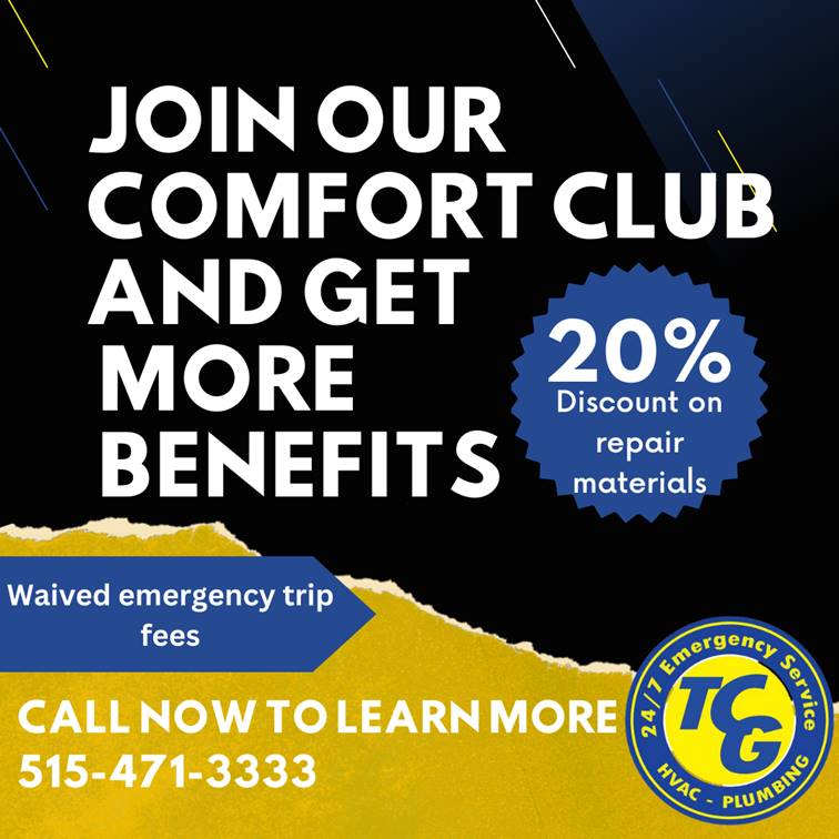 A promotional ad for a Comfort Club offers more benefits, including 20% off on repair materials and waived emergency trip fees. It features a phone number: 515-471-3333, and a 24/7 emergency service badge for HVAC and plumbing.