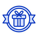 A blue icon of a gift box with a bow, symbolizing memberships, centered inside a circular badge with ribbon ends extending left and right, on a light gray background.