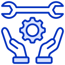 Blue outline icon showing two hands holding a gear, with a wrench above the gear, symbolizing reliable services and support or maintenance solutions.