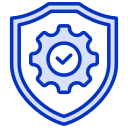 A blue outline of a shield with a gear and a checkmark inside, symbolizing how our services get excellent results.